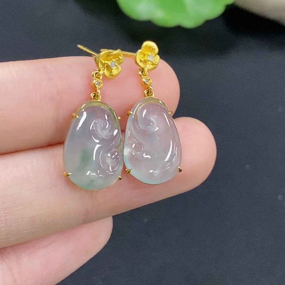 Jadeite Ruyi Inlaid Earrings 18k with Diamond Accents Total Weight Approx. 2.26g