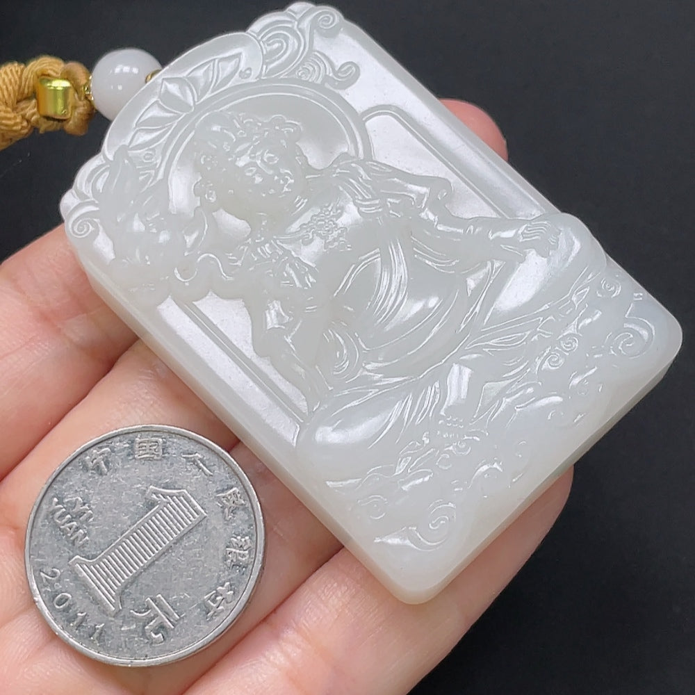 Hetian Jade Guanyin pendant necklace by HKHQ featuring a carved jade figure on a rope, weighs approximately 71.37g.