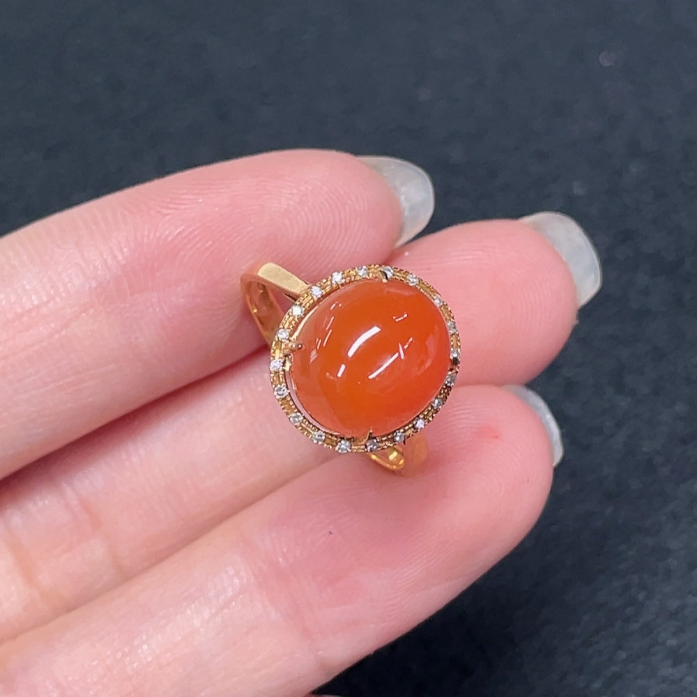 South Red Agate Ring with Diamond Accents, 18K Gold