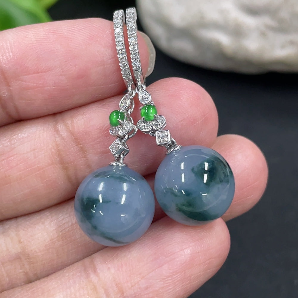 Jadeite bead inlaid gold ear clips with diamond accents, 12mm size, HKHQ jewelry, elegant and detailed design.