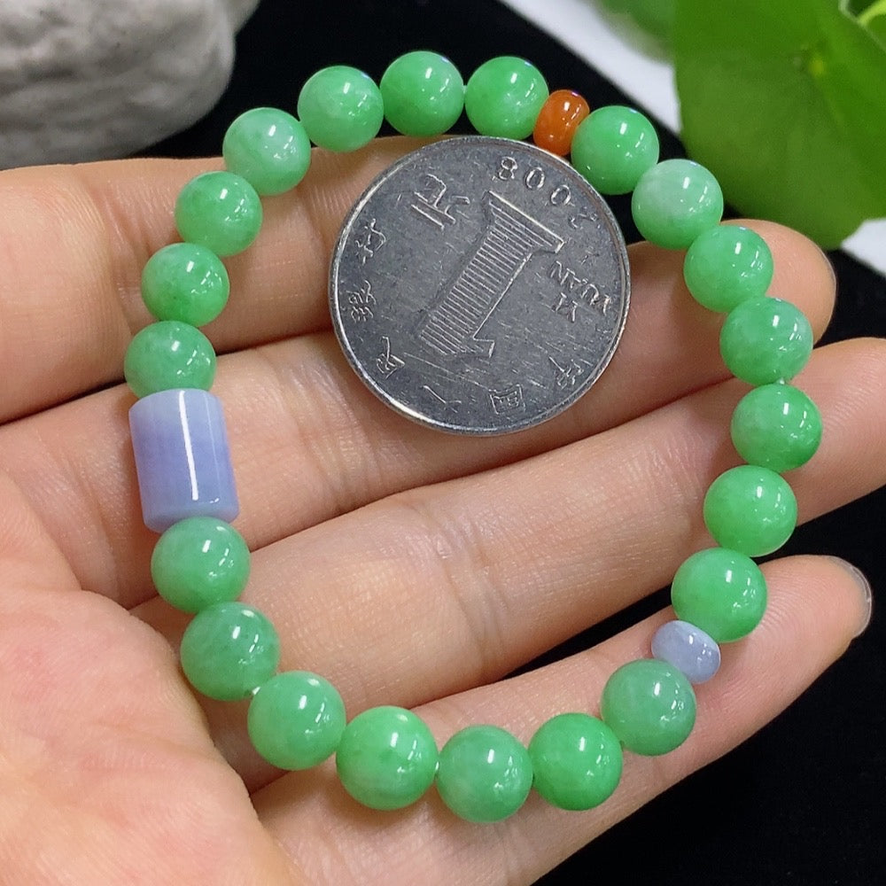 HKHQ jadeite bracelet with red beads, 7.3/5.2mm size, approx. 15.05g weight, non-A grade, natural stone jewelry.