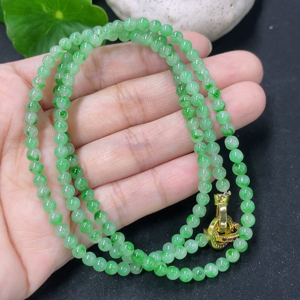 Jadeite bead necklace with 3.8mm jade beads, non-gold, weighing 16.29g, featuring natural mineral components, by HKHQ.