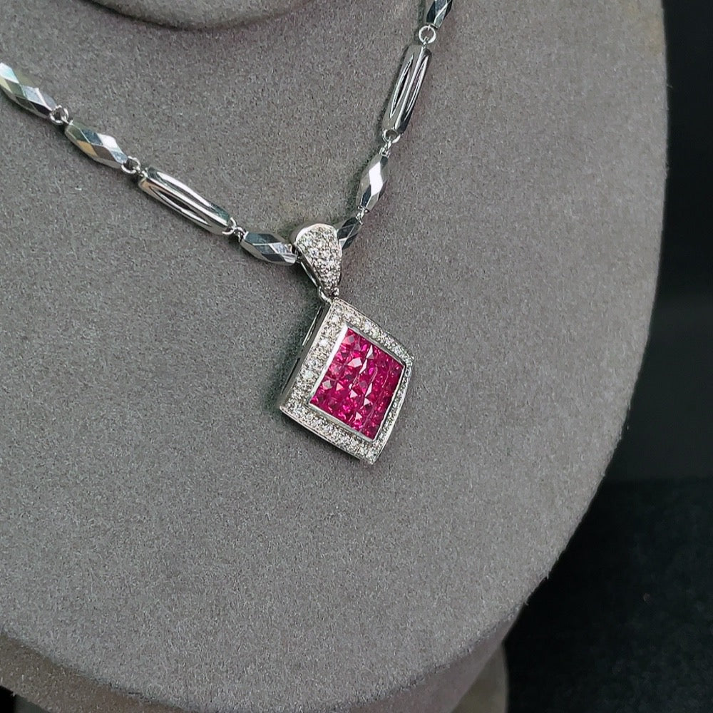 Ruby Inlaid Pendant 18k Gold Chain Pt93% Rope Undetectable Diamond Accents
