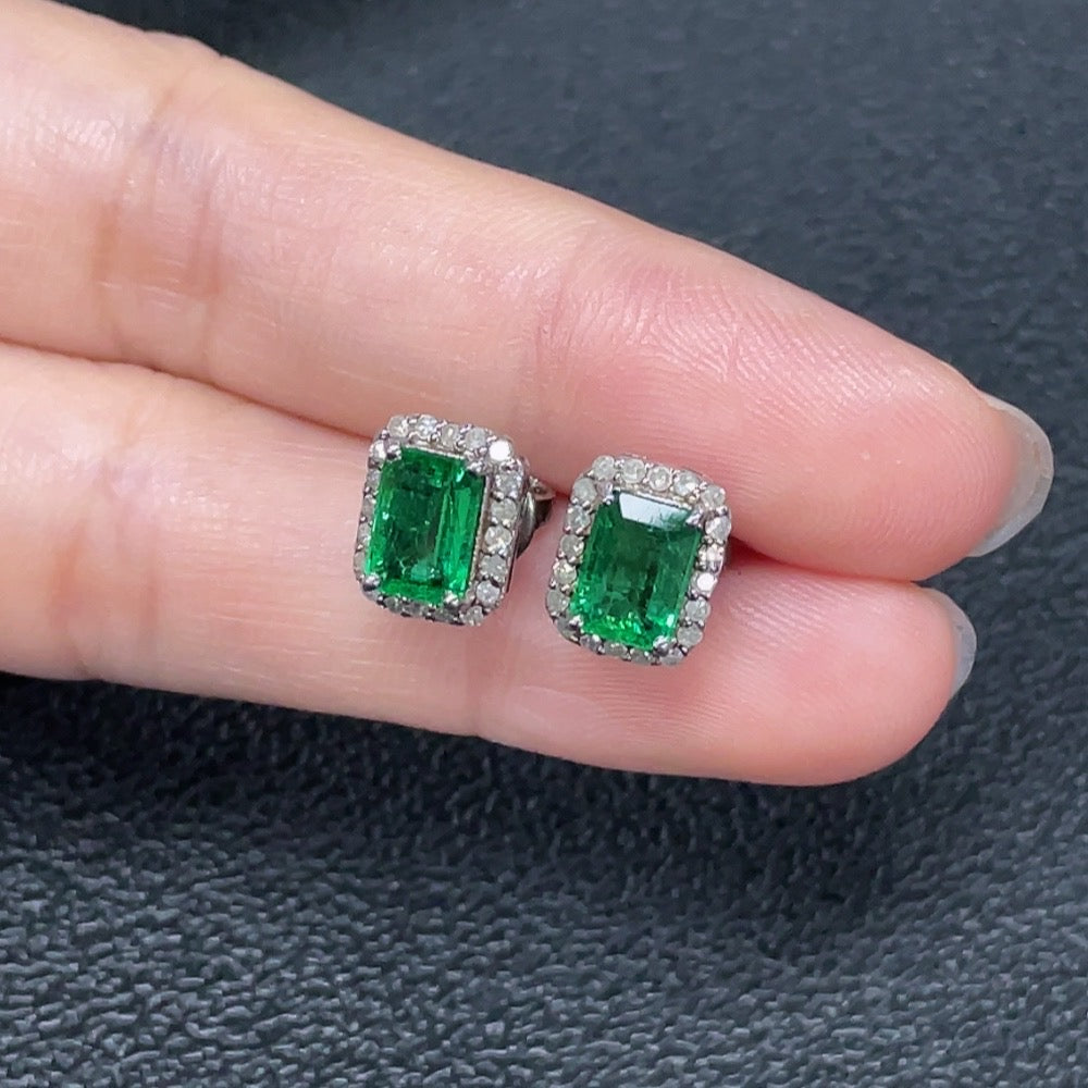 Emerald earrings, clarity enhanced, non-gold, diamond-accented