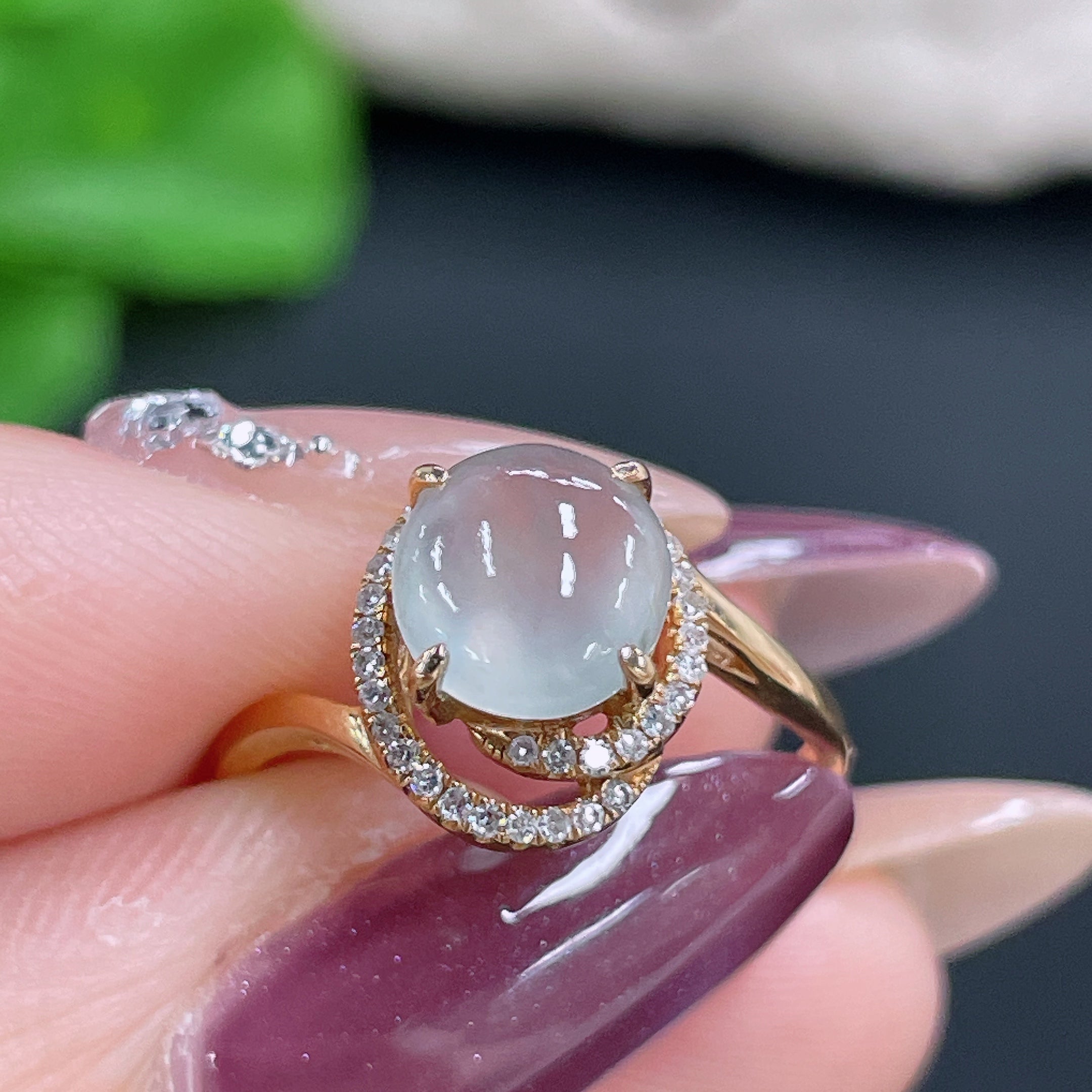 Jadeite Ring 18k Gold Setting with Diamond Accent, Total Weight Approx. 2.3g, Size 12