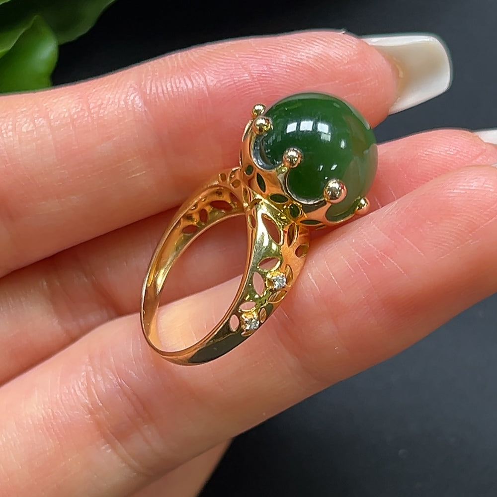 Hetian Jade Round Bead Ring with 18K Gold and Diamond Accents