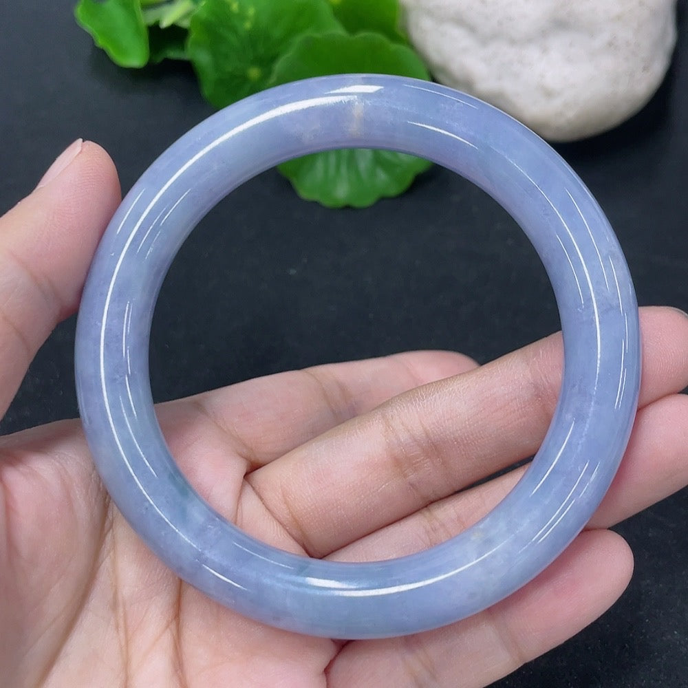 Jadeite round bangle with 56mm diameter and 54g weight, showcasing smooth, polished green jade from HKHQ.