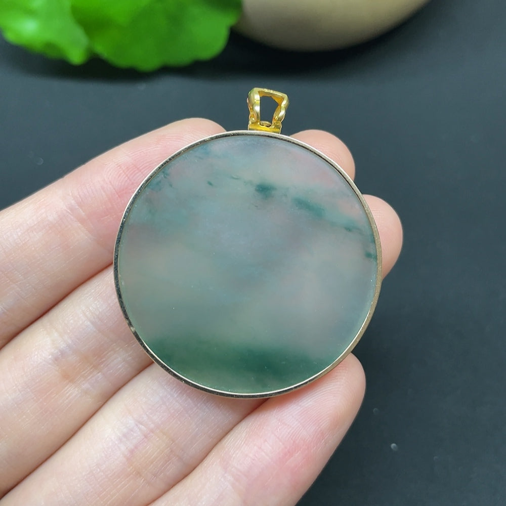 Jadeite round pendant necklace with 18K gold setting and diamond accents, elegant jewelry by HKHQ.