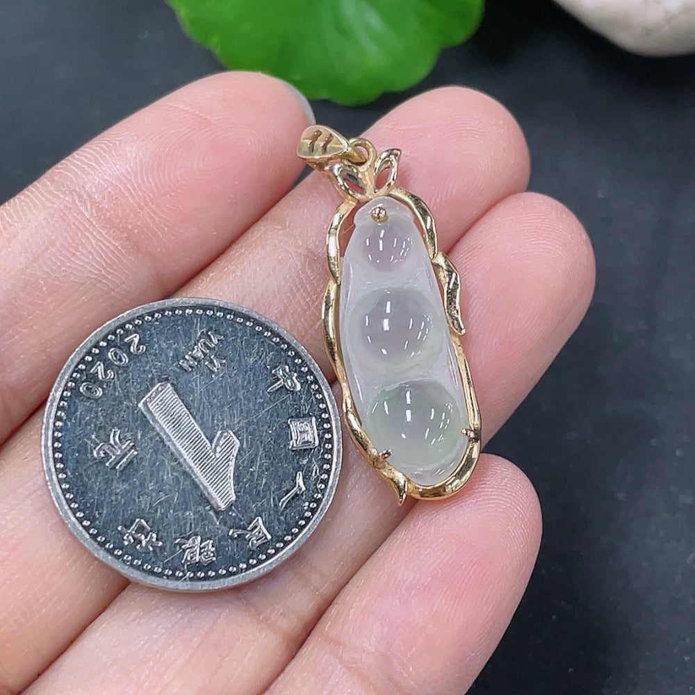 Jadeite Lucky Bean Pendant with 18K Gold Setting