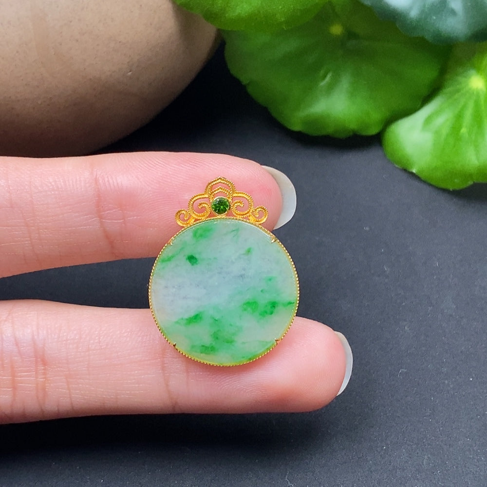 Elegant jadeite plain pendant on a necklace, 18K gold setting from HKHQ, showcasing smooth, polished green jadeite gemstone.