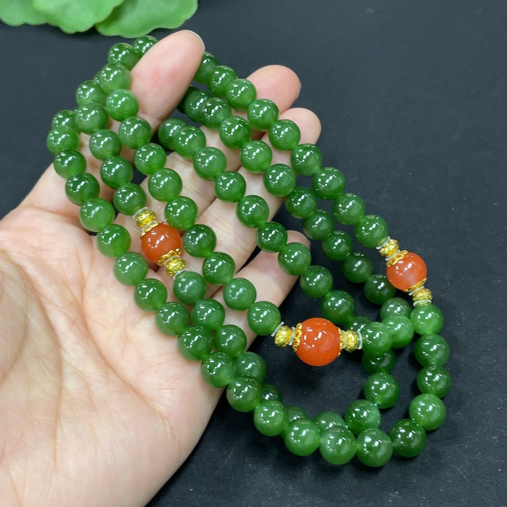 Green Hetian Jade Bead Necklace, Non-Gold, With Southern Red Agate