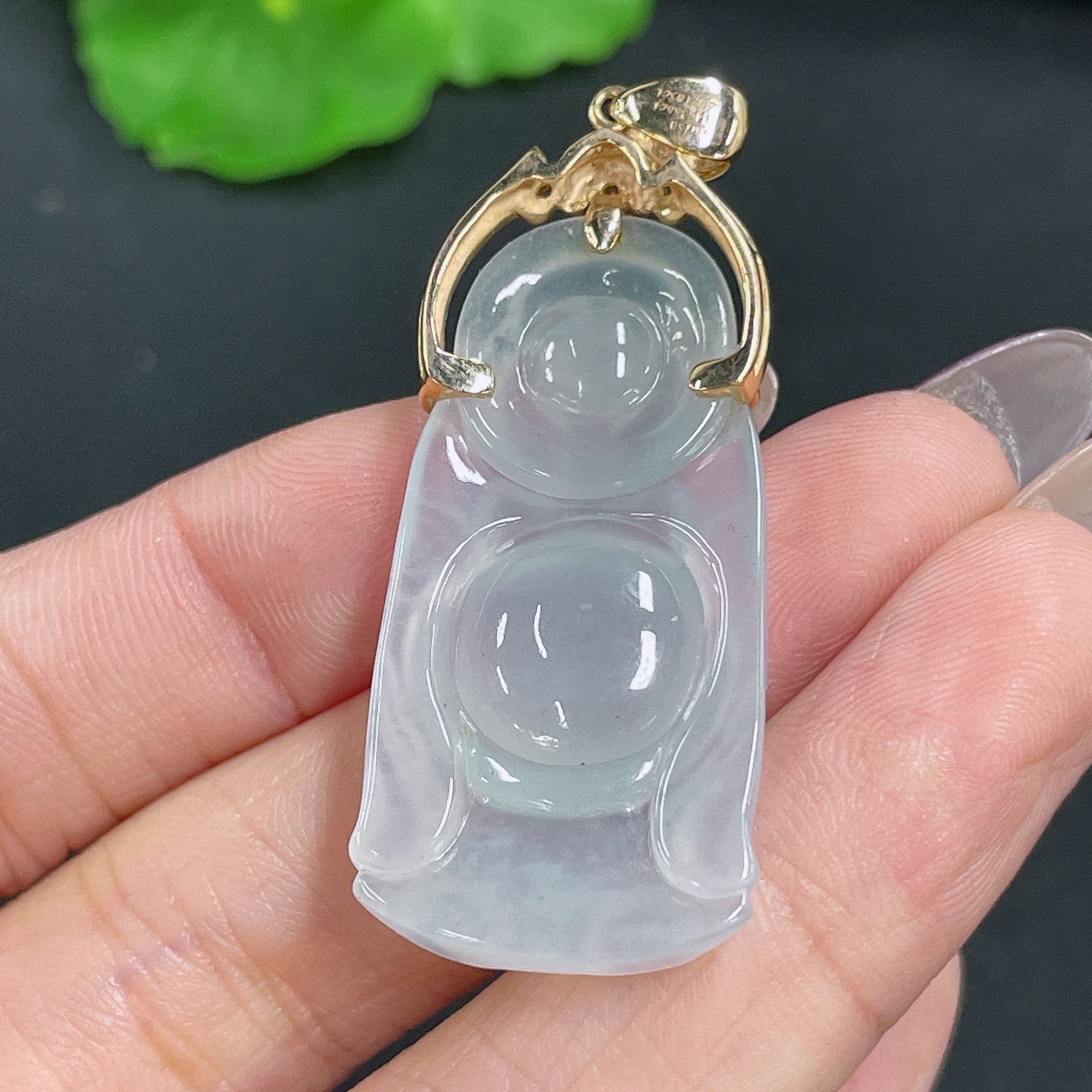 Jadeite Pendant Buddha 18K Gold Inlaid with Diamonds Total Weight Approx. 8.88g