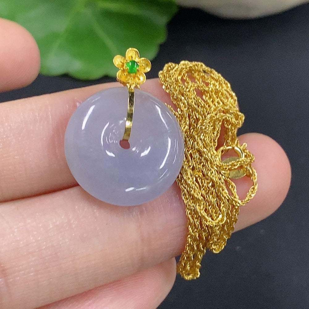 Jadeite safety buckle pendant with 18K gold chain, crafted by HKHQ, featuring a smooth green jade pendant weighing approximately 2.9g.