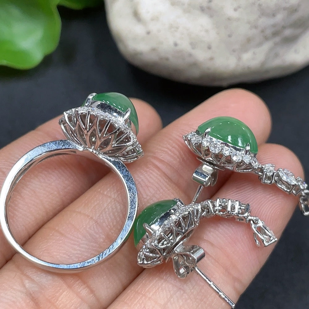 Jadeite Cabochon Earrings/Ring 18K Gold Setting Size 14 Total Weight Approx. 9.76g Wholesale Lot