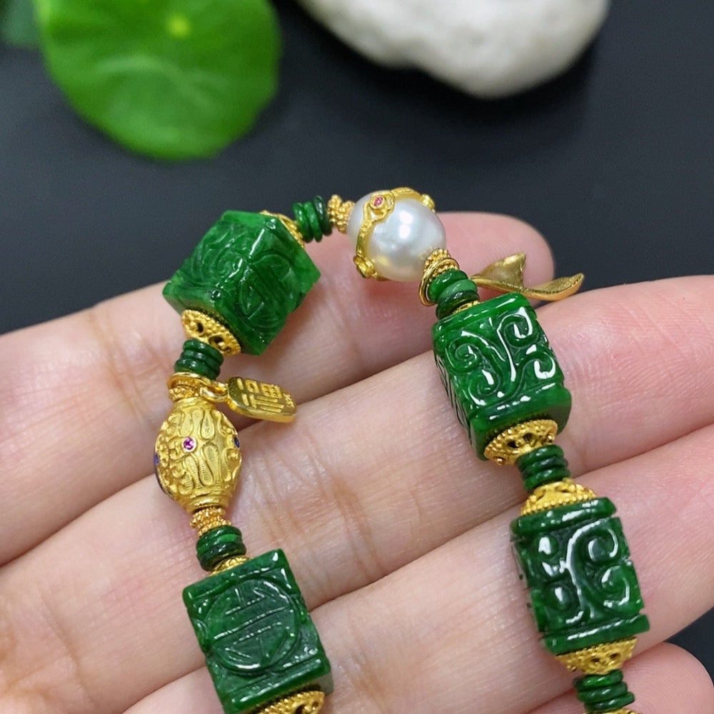 HKHQ jadeite bracelet with mixed minerals, weighing approximately 20g, featuring smooth green jade stones and natural mineral inclusions.