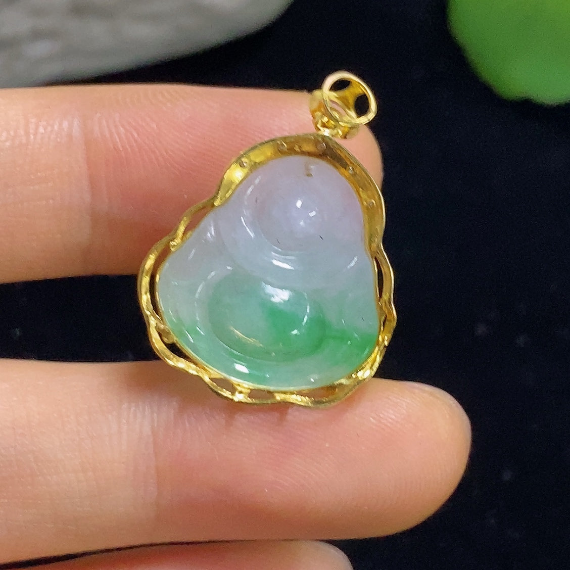 Jadeite Buddha pendant with diamond accents in 18K gold, weighing approximately 3.3g, crafted by HKHQ.