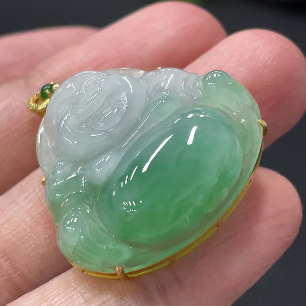 Jadeite Buddha Pendant with 18K Gold and Diamond Accents, Total Weight Approx. 6g