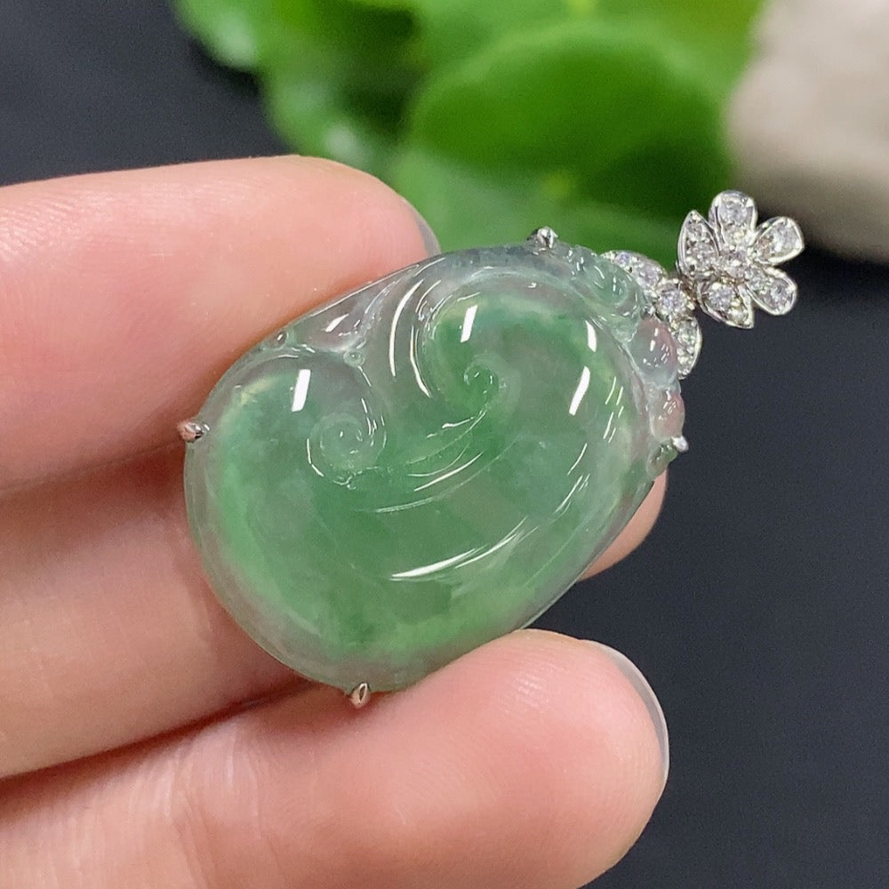 Jadeite Ruyi pendant with 18K gold and diamond accents, featuring smooth jade surface and intricate inlay design.