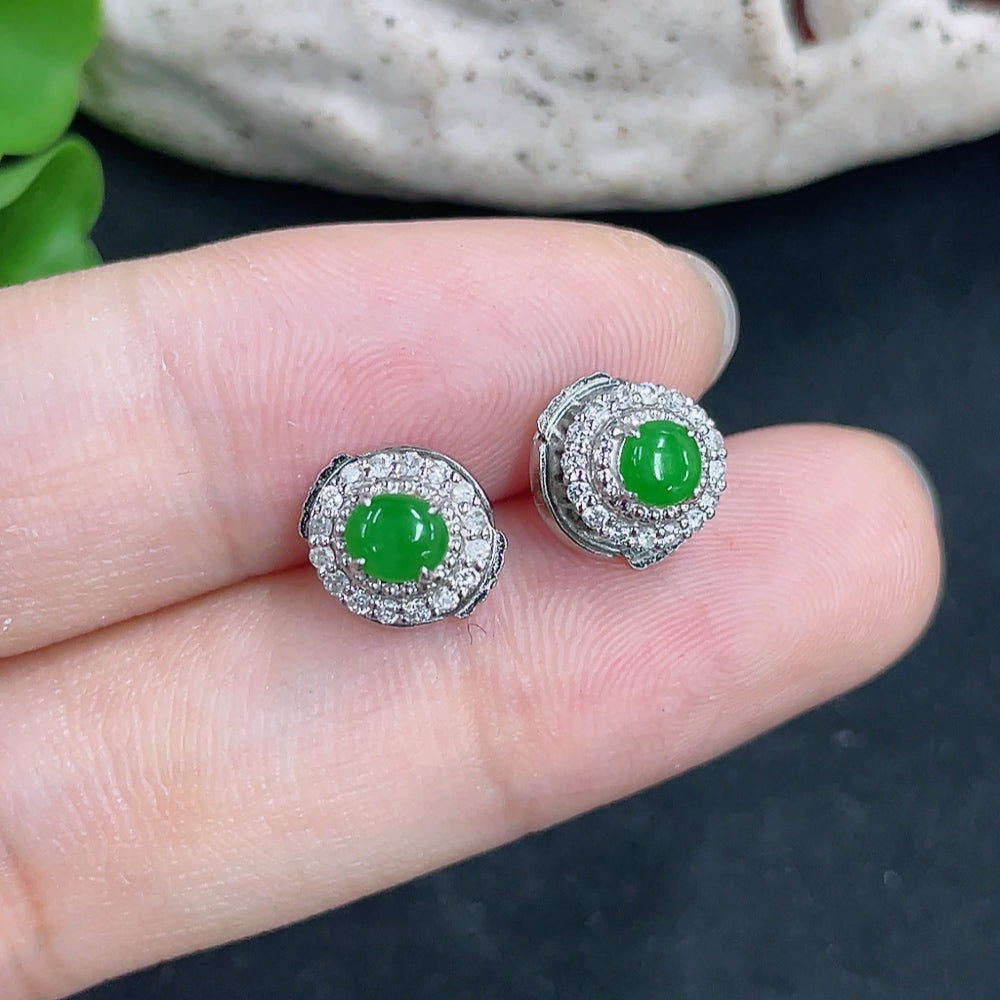 Jadeite earrings with 18k gold and diamond accents, featuring non-gold ear stoppers, from HKHQ, weighing approximately 2.32g.