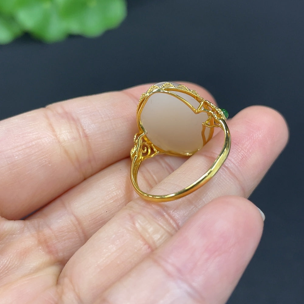 Hetian Jade Cabochon Inlaid Ring, 18k Gold, Size 15, Total Weight Approx. 3.3g