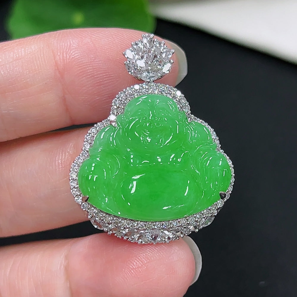Jadeite Buddha Pendant 18K Gold (with minimal diamond accents)