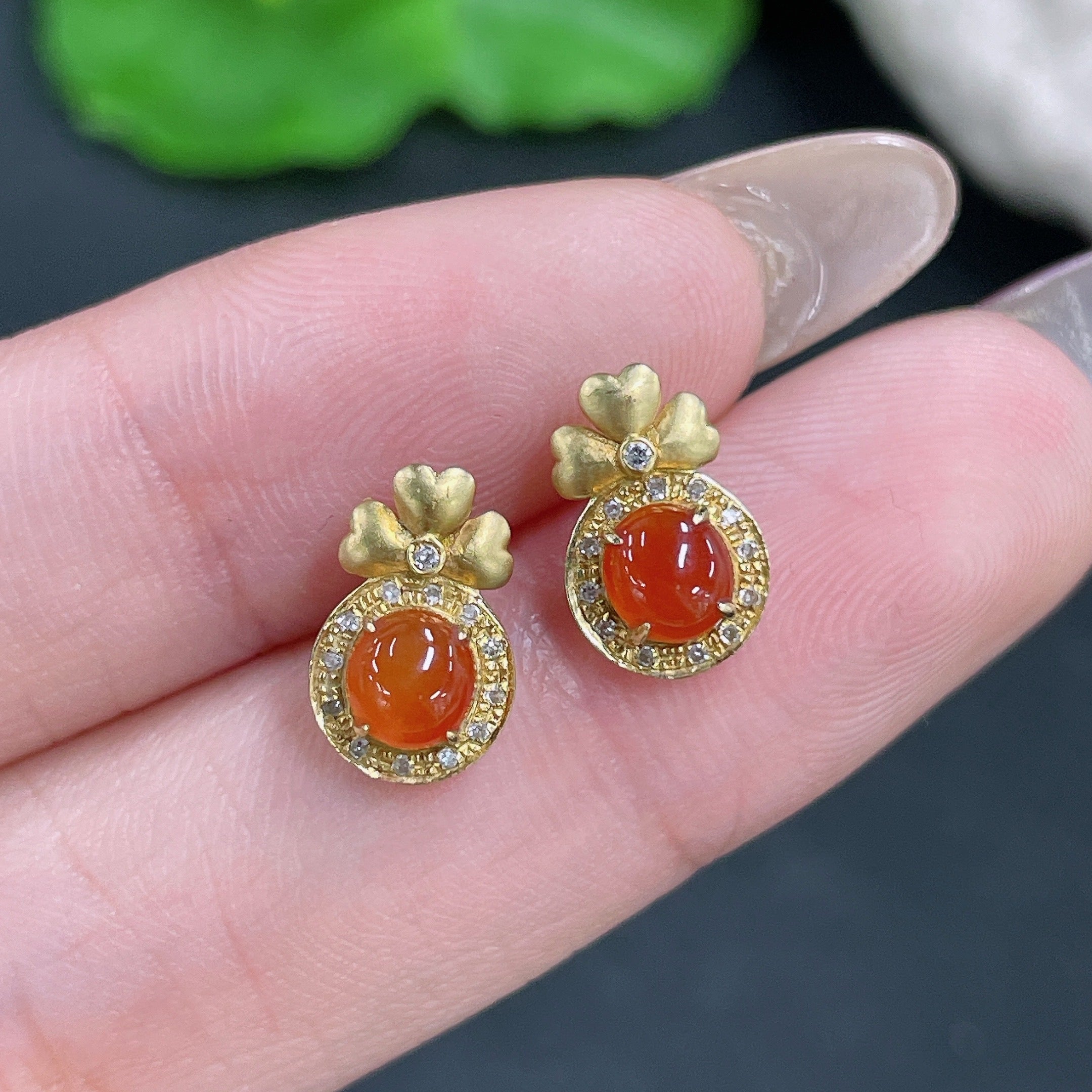 Jadeite Cabochon Earrings with 18K Gold and Diamond Accents, Total Weight Approx. 1.37g (Excluding Ear Studs)