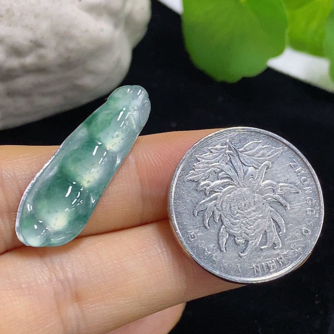 HKHQ Jadeite Lucky Bean inlay jewelry piece, approximately 1.82g, featuring smooth green jadeite with detailed inlay design.