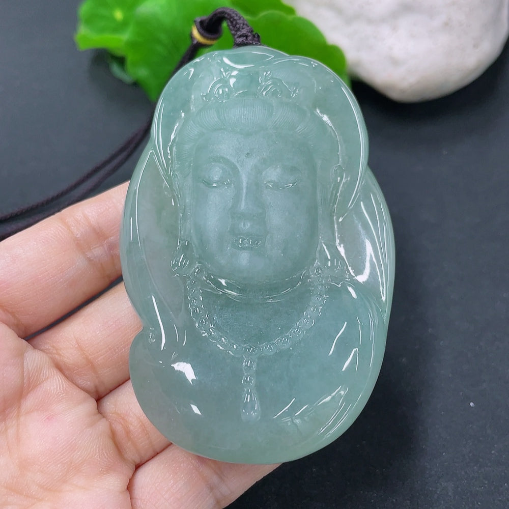 Jadeite Guanyin Pendant, Total Weight Including Rope Approximately 97.1g