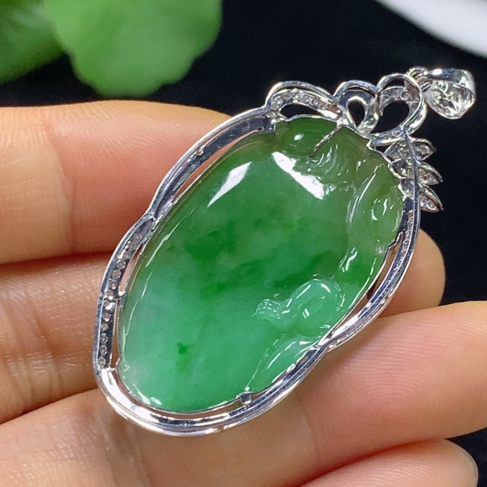 Jadeite Blessing Melon Pendant with 18K Gold and Diamond Accents