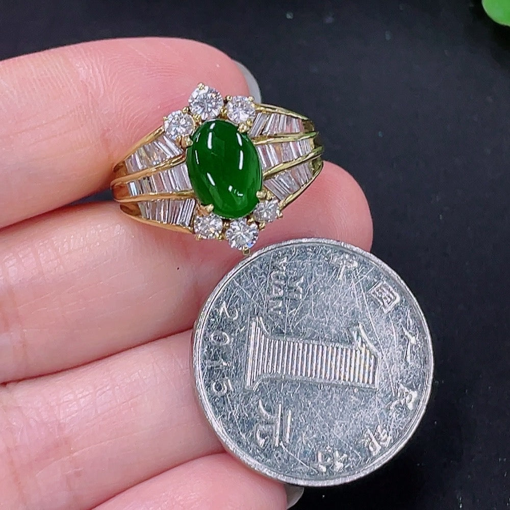 Jadeite inlaid ring Size 16 Au73% Total weight approx. 8.3g (with diamond accents)
