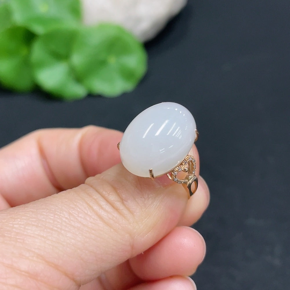 Hetian Jade Inlaid Ring with Diamond Accents, Size 14, 74% Gold Content, Total Weight Approx. 3.3g