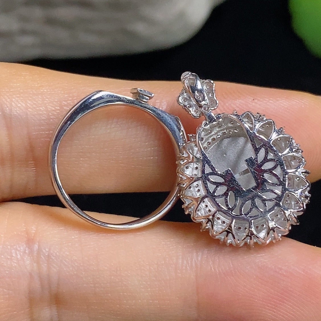 Jadeite Cabochon Convertible Ring and Pendant with Diamond Accents