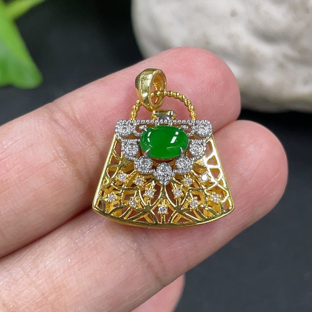 Jadeite Cabochon Pendant, 18K Gold Setting with Diamond Accents
