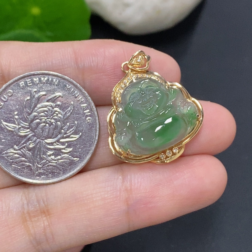 Jadeite Buddha Pendant with 18K Gold Setting, Total Weight Approx. 2.7g (with Diamond Accents)