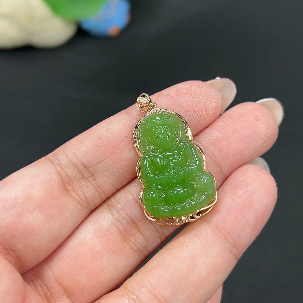 Hetian Jade Jasper Inlaid Pendant Guanyin Total Weight Approx. 4.9g 18k with Diamond Accents