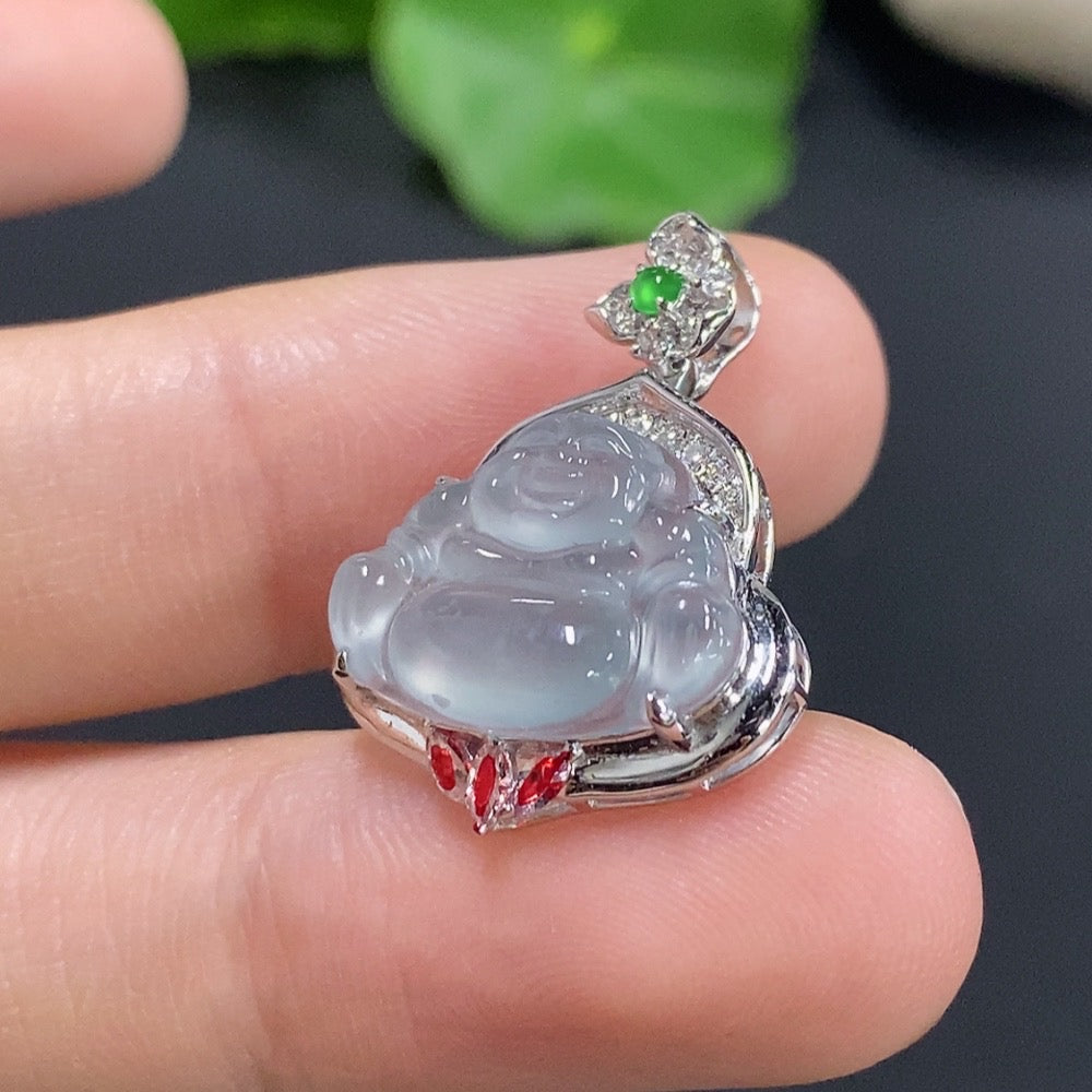 Jadeite Buddha Pendant with 18k Gold Setting, 3 Non-Diamond Accents