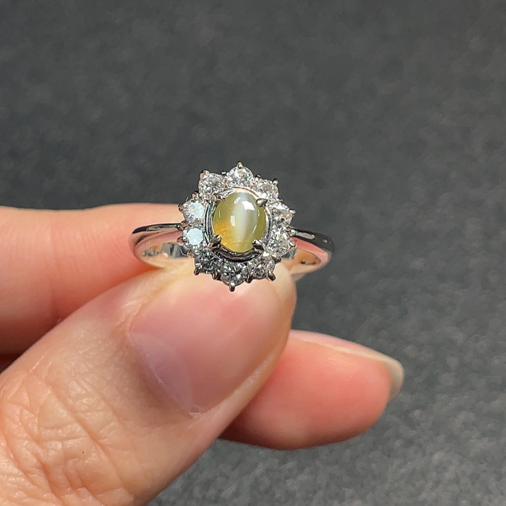 Chrysoberyl Ring with Diamond Accent, Pt90%, Total Weight Approx. 5.42g, Size 13