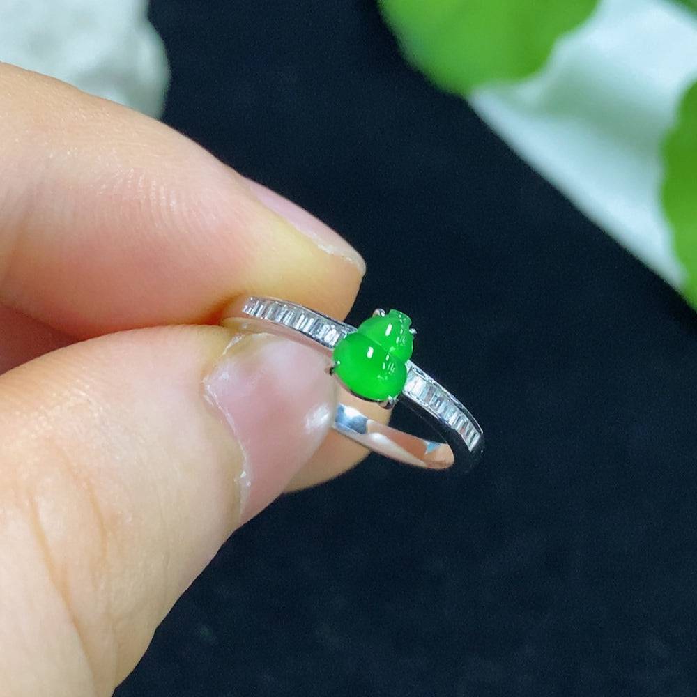 Huiliu Jadeite gourd ring with inlaid diamonds, featuring intricate craftsmanship and vibrant green jadeite in a detailed design.