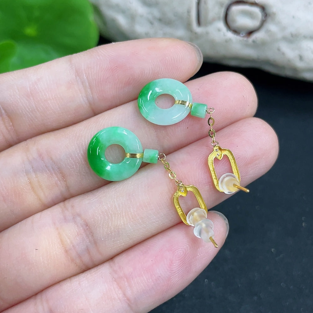 HKHQ Jadeite earrings featuring 18k gold settings, with a total weight of approximately 1.5 grams, showcasing elegant jade jewelry.