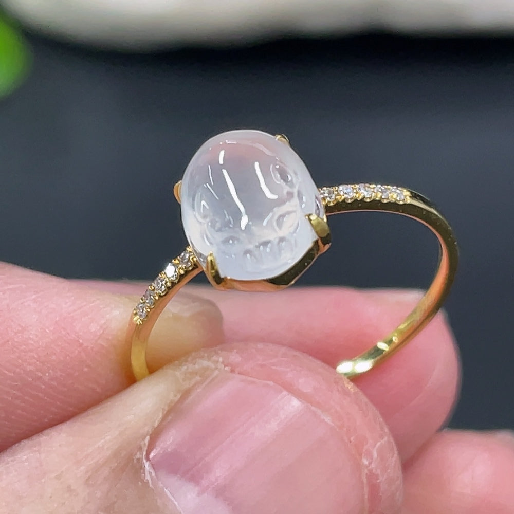 Jadeite Three-Legged Golden Toad Inlaid Ring 18k Gold Setting Size 14 Total Weight Approx. 1.25g with Diamond Accents