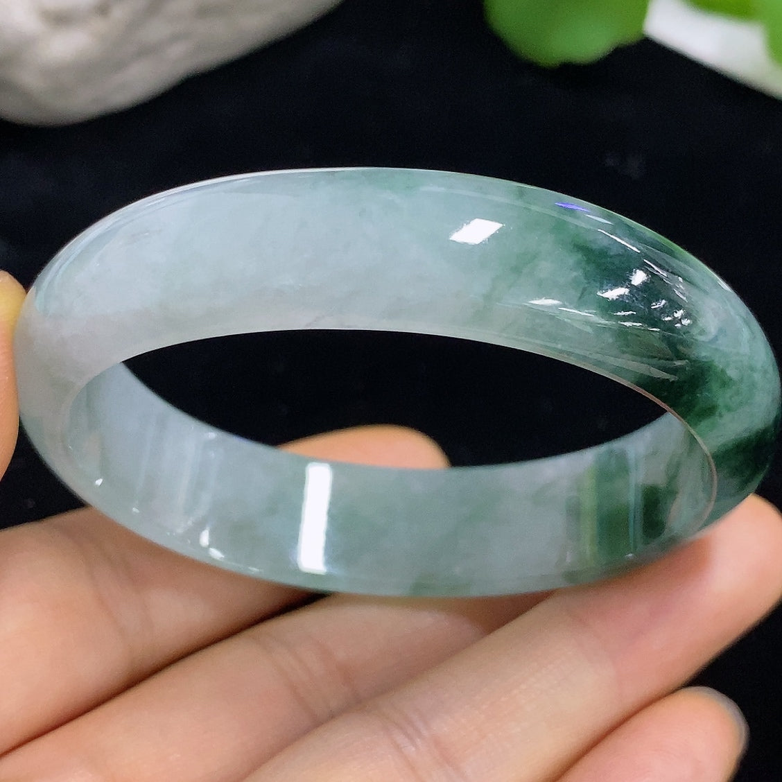 Jadeite Concubine bracelet by HKHQ with 37.7g weight, size 53.8/45.6, featuring smooth, polished jadeite beads.
