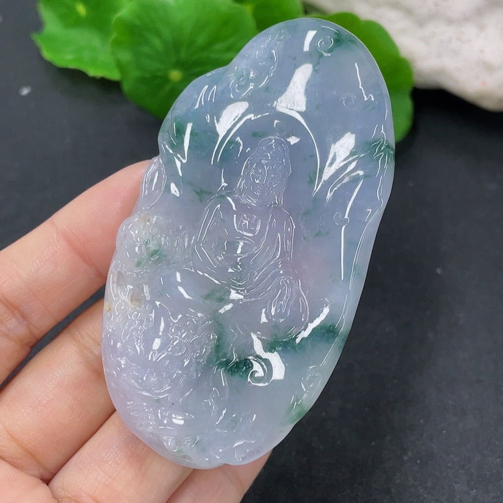 Jadeite pendant featuring Manjushri carving, weighing approximately 35.22g, crafted by HKHQ, showcasing intricate jade craftsmanship.