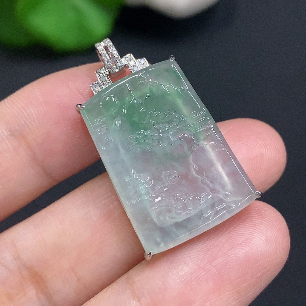 Jadeite Landscape Inlaid Pendant 18K Gold Total Weight Approx. 4.9g