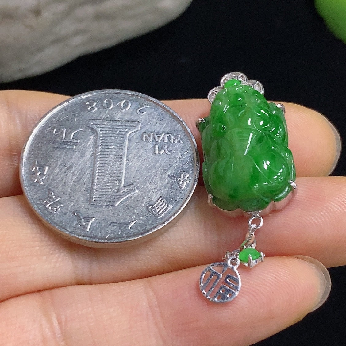 Jadeite Pi Xiu Inlaid Pendant 18K with Diamond Accent