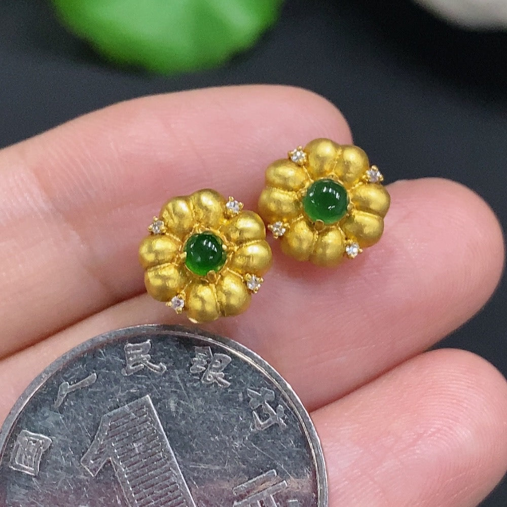 Jadeite Cabochon Stud Earrings 18k Gold Total Weight Approx.1.2g