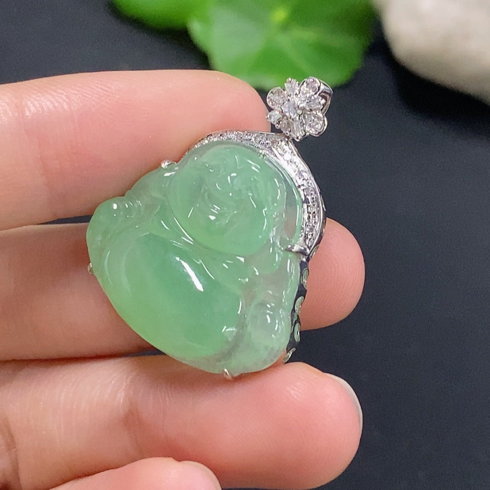 Jadeite Buddha pendant necklace by HKHQ with 18k gold and diamond accents, featuring a detailed Buddha figure, weighs approx. 5.38g.