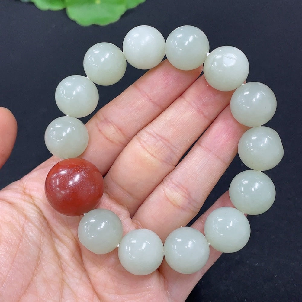 HKHQ Hetian Jade bracelet with 13.6mm beads, 64.9g weight, featuring natural jade beads on a string.