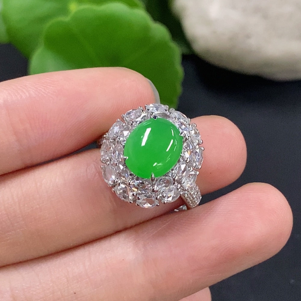 Jadeite Cabochon Solitaire Ring with 18K Gold and Diamond Accents