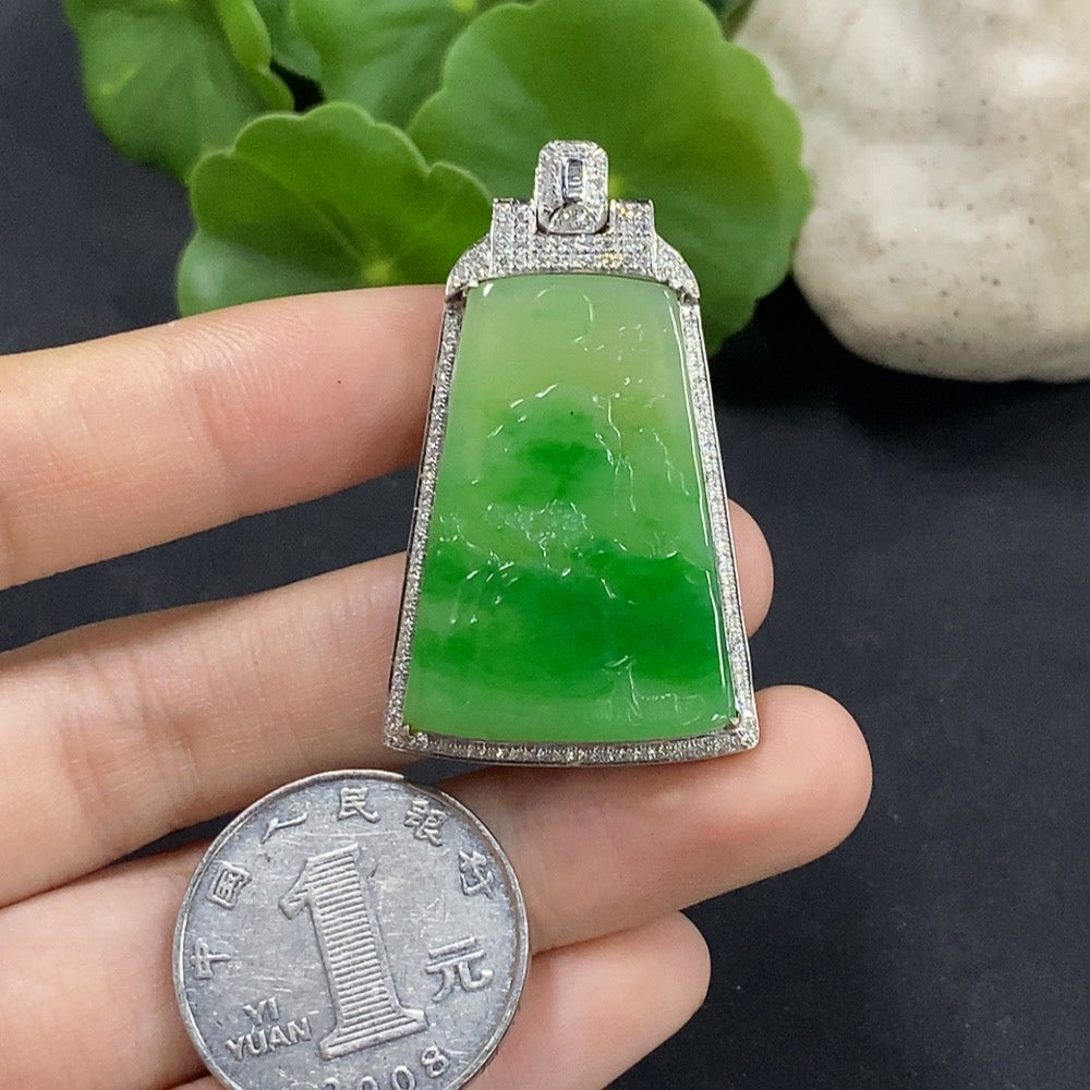 Jadeite Landscape Inlaid Pendant 18K Gold with Diamond Accents Total Weight Approx. 10.95g