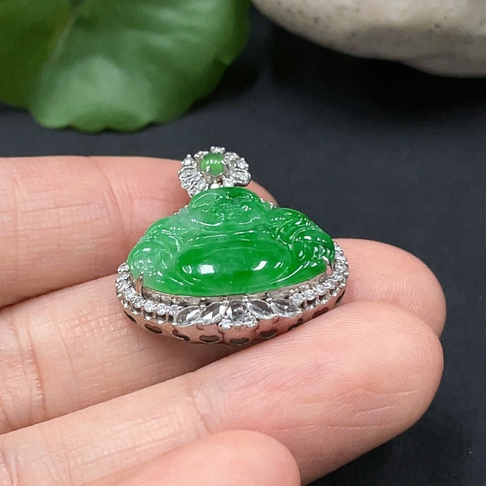 JadeiteBuddha Pendant, 18K Gold Inlaid, Total Weight Approx. 4.37g